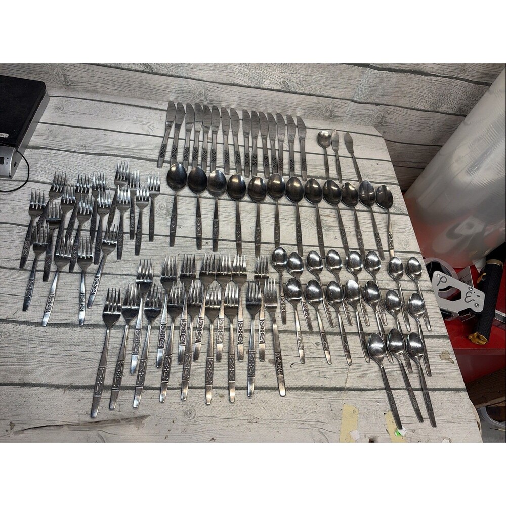 Vintage Scroll Stainless Steel Korea Flatware Set 83 Pcs